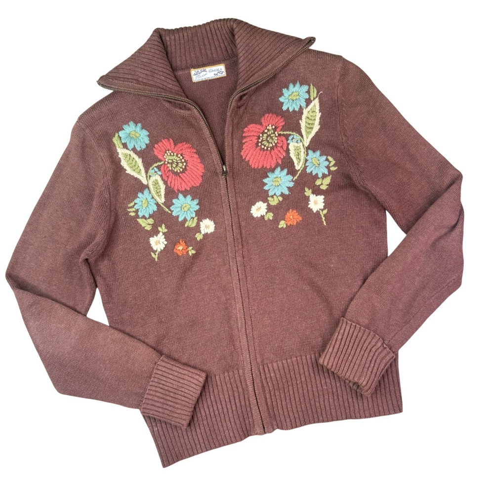VTG Y2K Brown Floral Sweater Cardigan M Cottagecore Embroidered Grannycore Fall - Picture 2 of 7